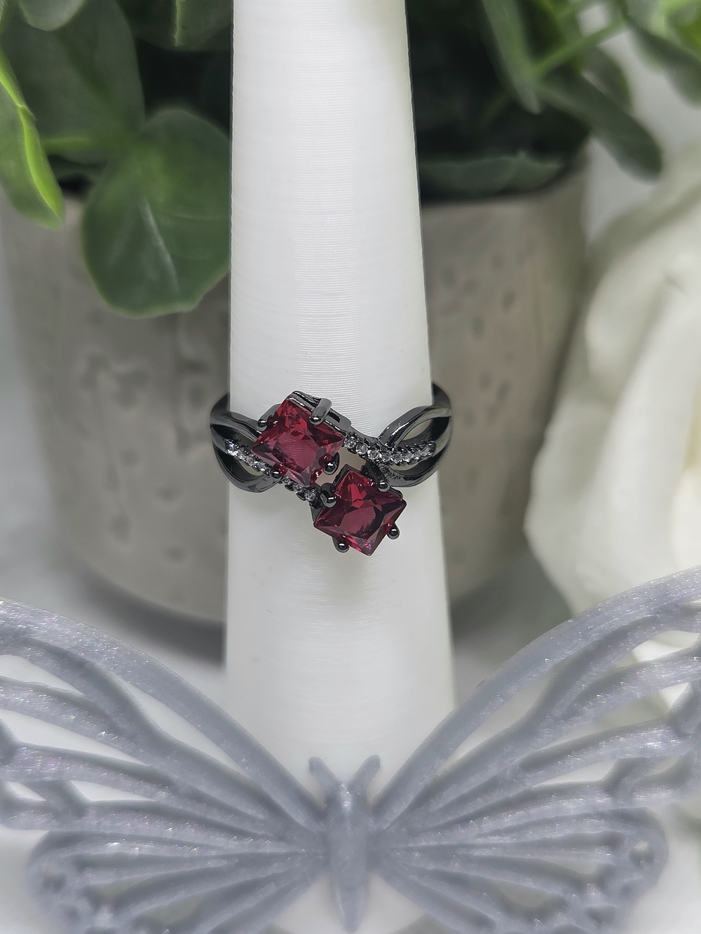 Garnet Double Square Gemstones On Gunmetal Plating